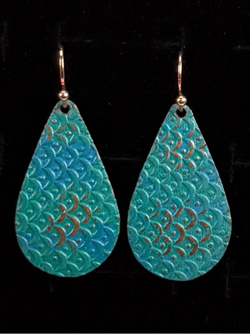 Lightweight rose goldtone, teal blue green, pierced earrings